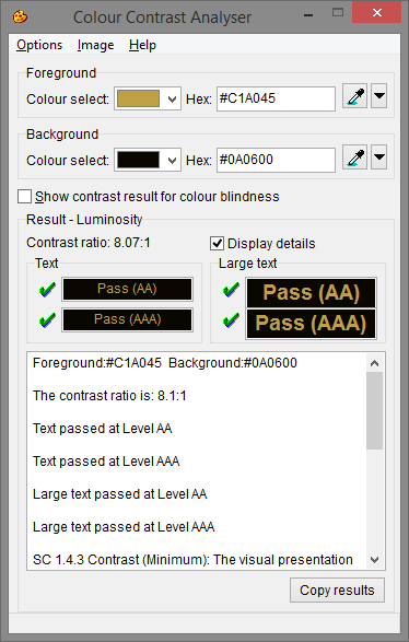 Snapshot of the Colour Contrast Analyser tool