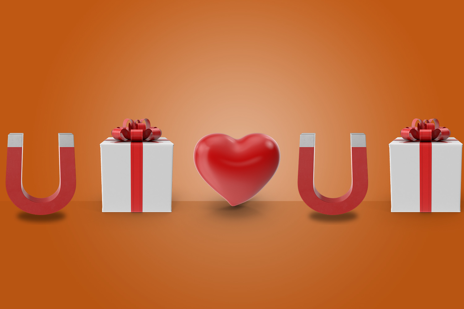 A graphic representation of customer loyalty, using a present, heart and magnet.