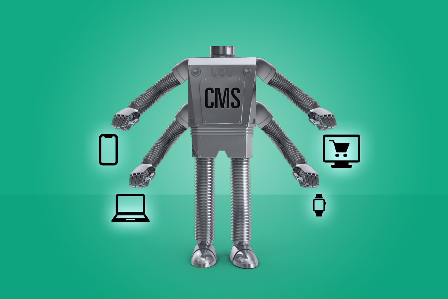 A depiction of headless CMS using a robot extending to different viewing platforms.