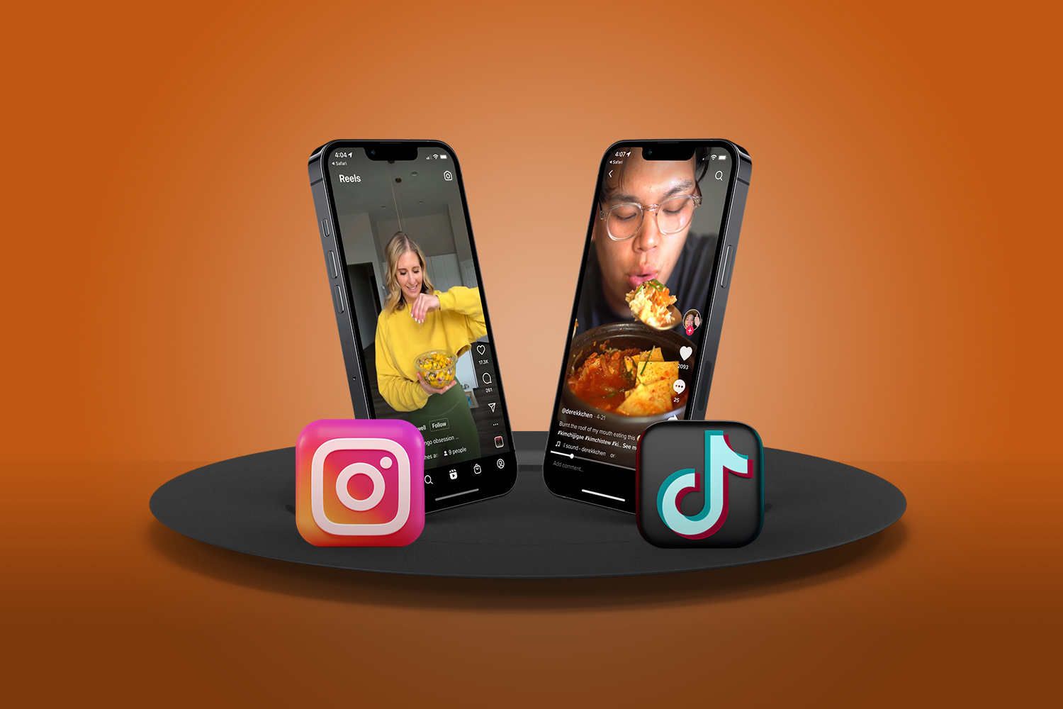 Two phones showing TikTok and Instagram